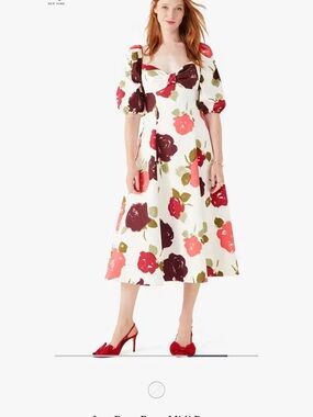 kate spade white floral bow midi dress with red & burgundy blooms NWT
